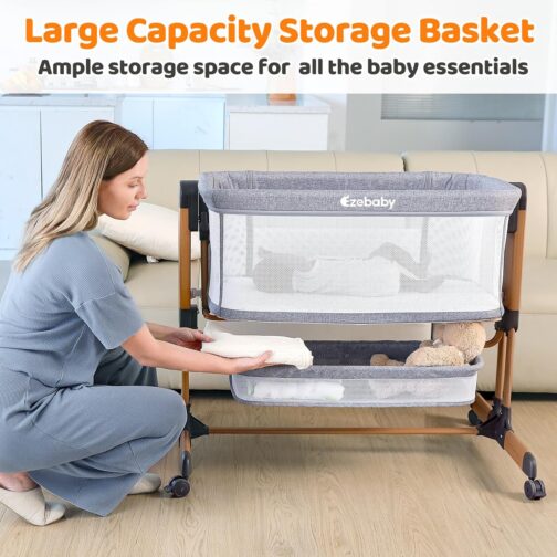 Ezebaby Baby Bassinet, Rocking Bassinet for Baby, Bedside Bassinet with Wheels, Storage Basket, Adjustable 7 Heights and All Mesh Sides, Portable Baby Bassinets Bedside Sleeper for Newborn Infant - Image 4