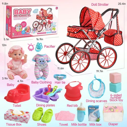 Baby Doll Stroller Toys Set with 12 inch Doll,12" Baby Doll Set with 20 PCS Doll Accessories and 2 Sets Doll Clothes for Realistic Pretend Play,Baby Stroller Toys for Girls Toddlers 3-5 4-6 - Image 3