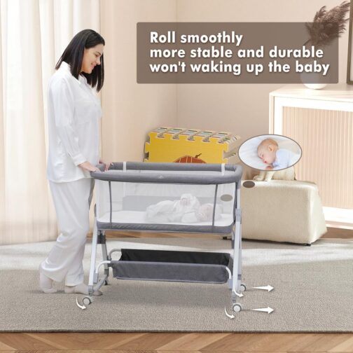 Baby Bassinet,3 in 1 Baby Bassinets Bedside Sleeper with Musical Toy,Bedside Cribs with Storage Basket and Wheels,7 Height Adjustable Easy Folding Bassinet,Safe Co-Sleeping Crib(Grey 0-6Months) - Image 4