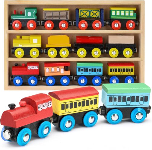 Wooden Train Set 12 PCS - Train Toys Magnetic Set Includes 3 Engines - Toy Train Sets For Kids Toddler Boys And Girls - Compatible With All Major Brands - Original - By Play22 - Image 7