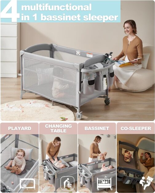 Baby 4 in 1 Bassinet Bedside Sleeper, Baby Bedside Crib Sleeper, Playard, Portable Diaper Changing Table, Baby Bassinet for Newborn Baby - Image 2